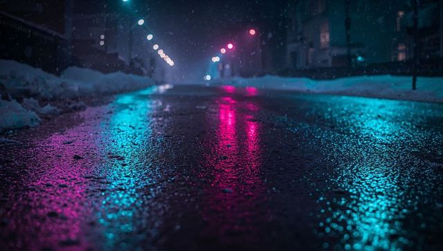 Neon wet street reflections snowy urban night cyan magenta glow bokeh