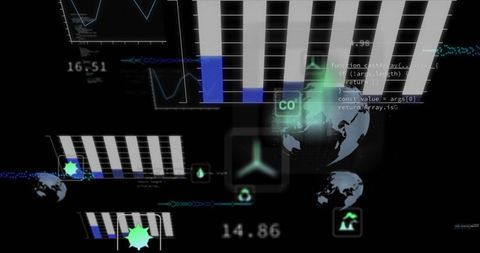 Futuristic holographic dashboard with neon bar charts, globe overlay and code snippets