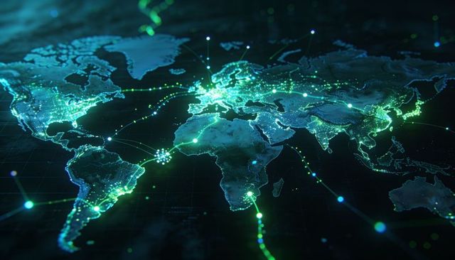 Neon 3d global network map showing real-time data hubs and connected digital pathways
