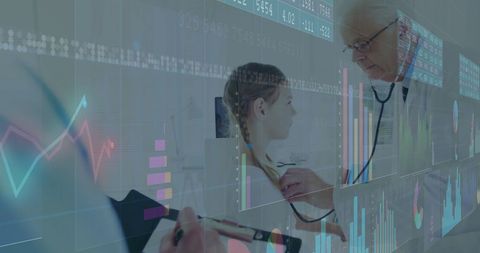 Caucasian Doctor and Patient with Digital Financial Data Overlay