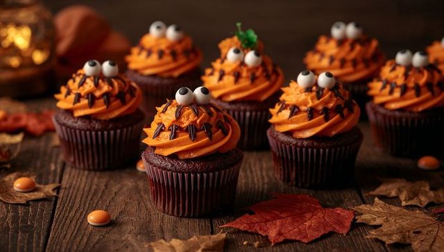 Halloween chocolate cupcakes with orange monster frosting