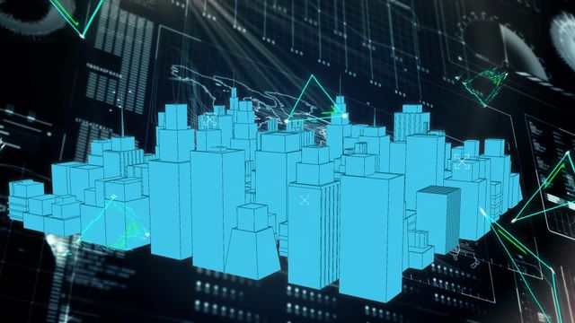 This digital visualization represents a futuristic city model with overlays of data, statistics, and graphs. Ideal use cases include presentations on smart city planning, technological advancements in urban areas, and data science projects. The vibrant blue color scheme and data integration tools make it suitable for educational materials, marketing collateral in the tech industry, and advanced analytics visual showcases.