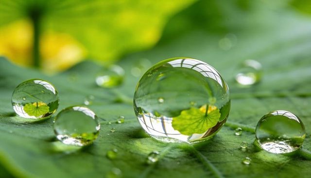 Macro water droplets magnifying leaf veins and yellow blossom reflections on green foliage