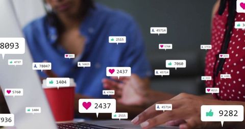 Colleagues discussing work with social media interface overlay