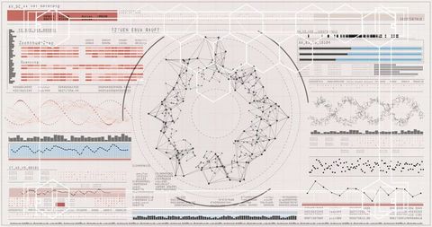 Rotating network mesh torus connecting nodes with futuristic data analytics hud dashboard
