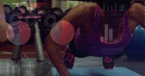 Female Athlete Performing Push-Up on Mat with Fitness Data Overlays for Training Analytics