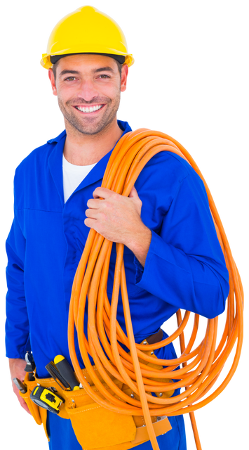 Smiling Electrician Holding Orange Transparent Cable Retouching Photo - Download Free Stock Videos Pikwizard.com