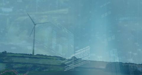 Wind Turbine on Green Hillside Overlaid with Digital Data Graphics