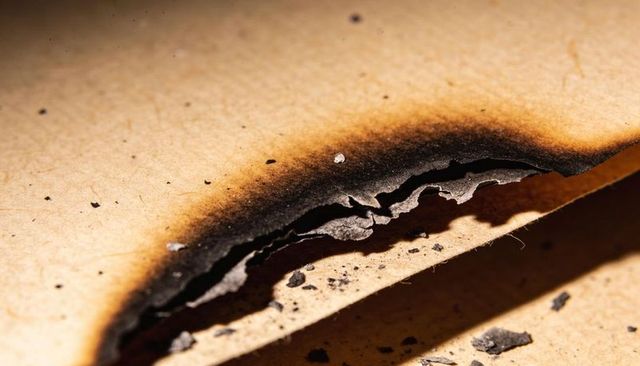Charred paper edge curling with soot and ash close-up texture for design and concept