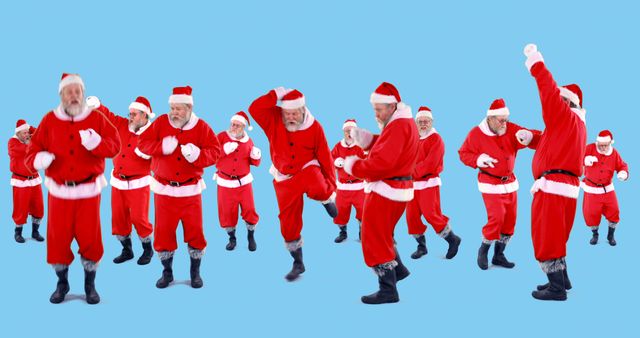 Group of Santas dancing on blue backdrop radiating holiday cheer, perfect for festive promotions, Christmas party invitations, greeting cards, marketing campaigns, or event posters aiming to evoke fun and joy during the holiday season.