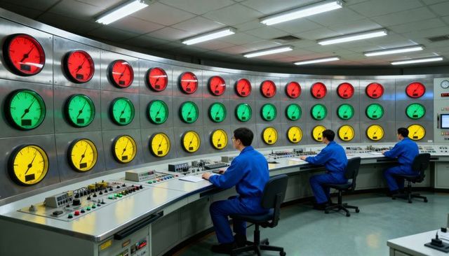 Technicians monitoring bank of colored gauges on curved industrial control console