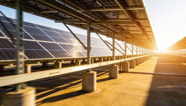 Sunlit Solar Farm Rows Creating Dynamic Perspective on Photovoltaic Array at Sunrise
