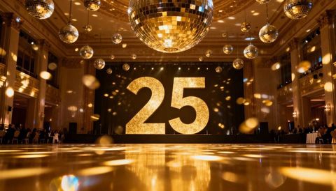 Golden 25 Gala Celebrating Milestone with Disco Balls and Glittering Ballroom Reflections