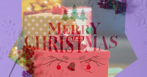 Festive christmas decorations with wrapped gifts and holiday graphic