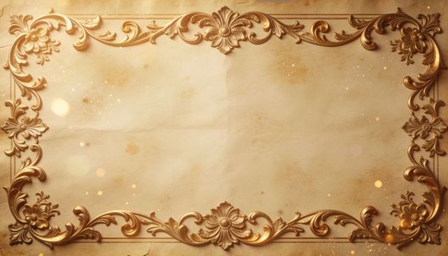 Ornate gold floral frame on aged parchment with vintage scrollwork and sparkling bokeh