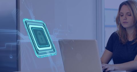 Cybersecurity Concept with Businesswoman Working on Laptop