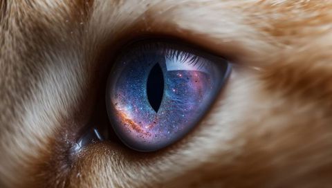 Cosmic Cat Eye Macro with Nebula Reflection and Blue-Violet Iris