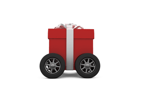 Transparent Red Gift Box with Wheels and White Ribbon