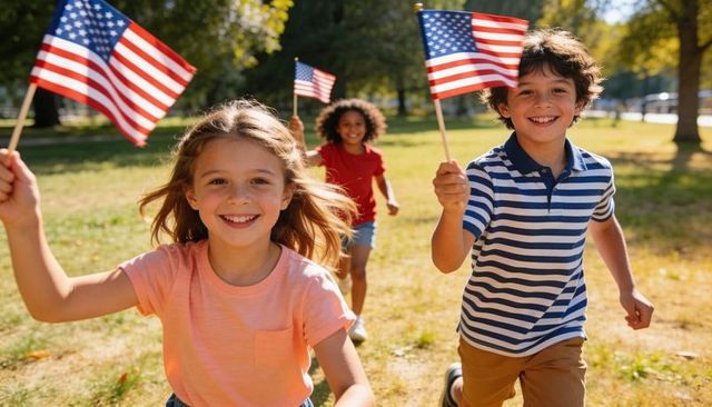 Smiling kids running through sunny park waving american flags