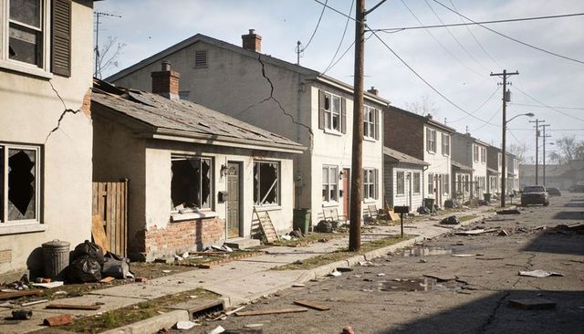 Abandoned dilapidated row houses with broken windows and street debris, empty neighborhood