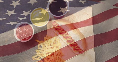 American Patriotism Concept with Hot Dogs and Flag Overlay - Download Free Stock Images Pikwizard.com