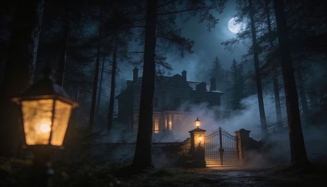 Moonlit manor looming through foggy pines with wrought-iron gate and lantern glow