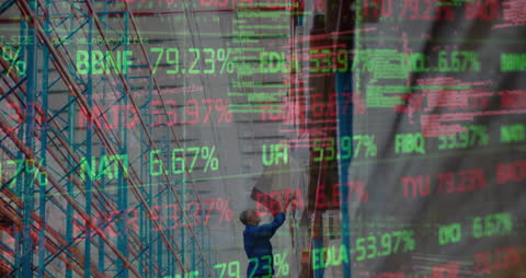 Stock Market Data Overlaid on Warehouse Worker with Racking