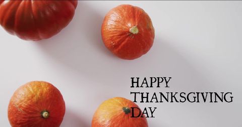 Happy Thanksgiving Day Text with Orange Pumpkins on White Background