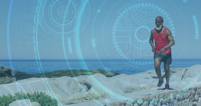 Depicts African American senior man engaged in fitness, jogging on rocks by ocean. Futuristic overlay suggests blending of technology and active lifestyle. Ideal for promoting healthy living, sports equipment, and tech in fitness marketing.