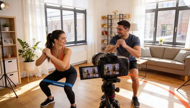 Couple filming home workout doing resistance band squats for fitness vlog and instruction