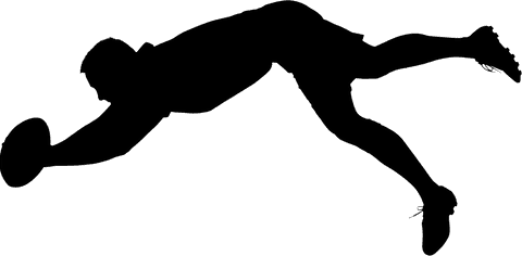 Transparent rugby player catching ball mid-air action