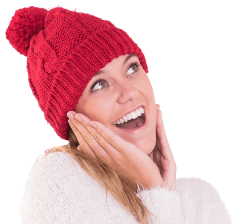 Happy Woman in Winter Clothing with Red Knit Hat Transparent Background