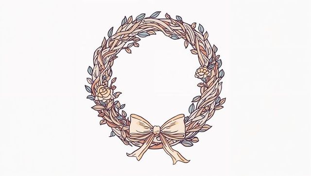Pastel braided twig wreath with bow and roses for elegant invitations, seasonal decor