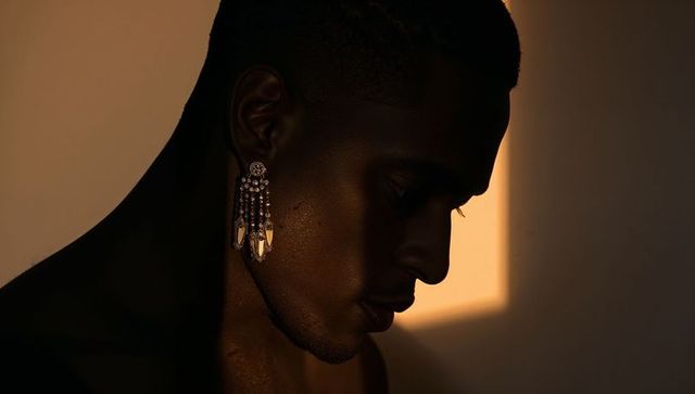 Moody low-key portrait of male model wearing chandelier earring, dramatic chiaroscuro