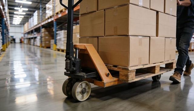 Orange pallet jack pushing stacked cardboard boxes on wooden pallet in warehouse aisle
