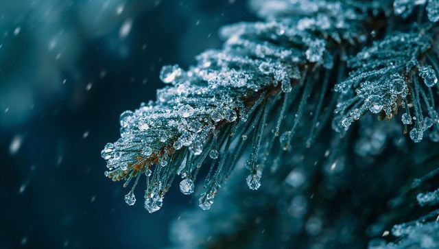 Glistening Ice-Covered Evergreen Branch in Winter Forest