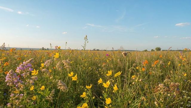 Sunlit wildflower meadow stretching to horizon, yellow blooms and blue sky at golden hour