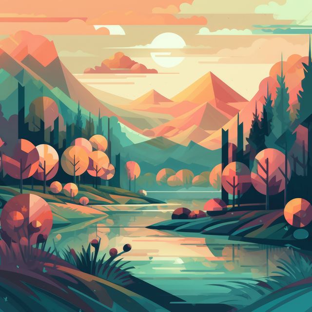 Vivid and imaginative abstract landscape depicting vibrant mountains, a winding river, and geometric-shaped trees. Ideal for use in art-focused blogs, nature-themed websites, design projects, or as eye-catching wall art that brings a mystical and dreamy atmosphere to any space.