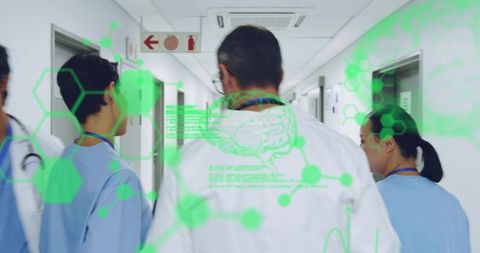 Physician Leading Medical Team in Hospital Corridor with Futuristic Holographic Interface