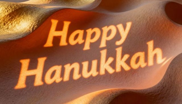 Happy hanukkah text projecting over curved sandstone in warm golden light