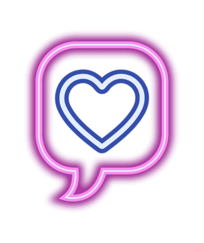 Vibrant neon speech bubble with heart on transparent background