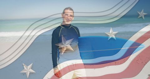 American man with surfboard silhouetted by patriotic stars and stripes