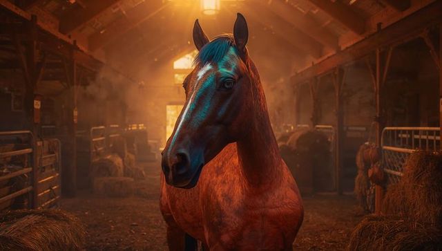 Chestnut Horse in Sunlit Stable Reflects Serenic Charm