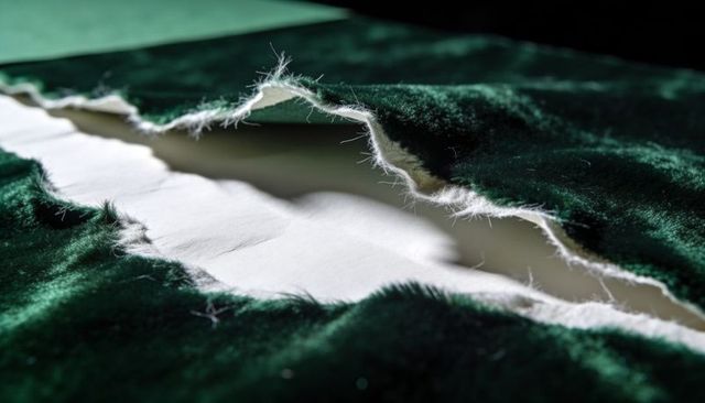 Torn emerald velvet revealing white backing with frayed fibers macro textile detail