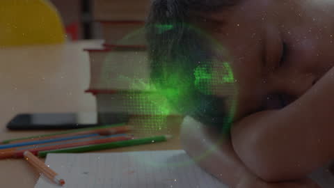 Boy Sleeping in Class with Augmented Digital Animation