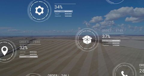 Aerial farmland with supply chain hud overlay tracking orders and delivery analytics dashboard