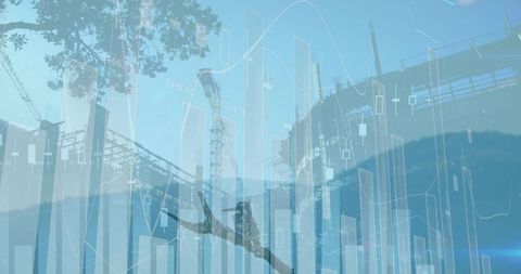 Perching bird silhouette overlaid with river construction site and financial market charts