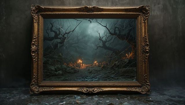 Gothic Frame Encompassing Eerie Forest Scene With Candles