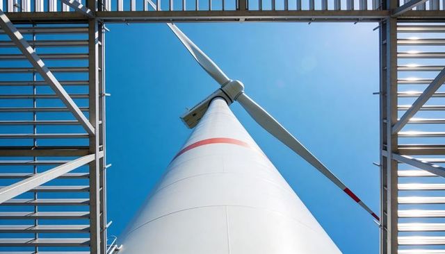 Rising wind turbine tower framing nacelle and blade against clear blue sky