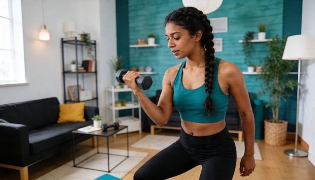 Indian woman doing dumbbell bicep curl during at-home living room strength workout
